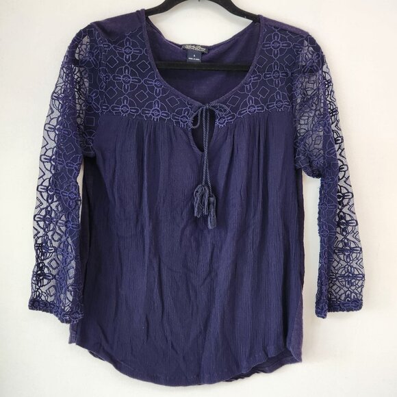 Lucky Brand Navy Blue Peasant Blouse Top Shirt Embroidered Cotton Modal S - Picture 1 of 8